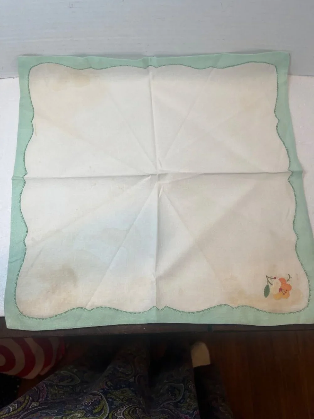 Six Floral Embroidered Placemats and 6 Napkins Set in Green & White 6 Pieces